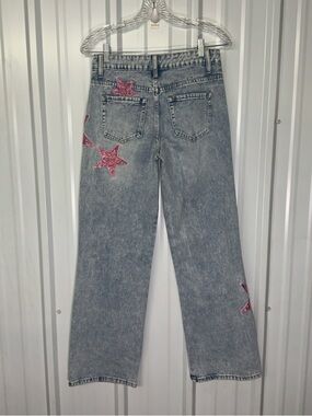 Y2K Barbiecore Pink Rhinestone Star Wide Leg Jeans Bedazzled Festival Glam